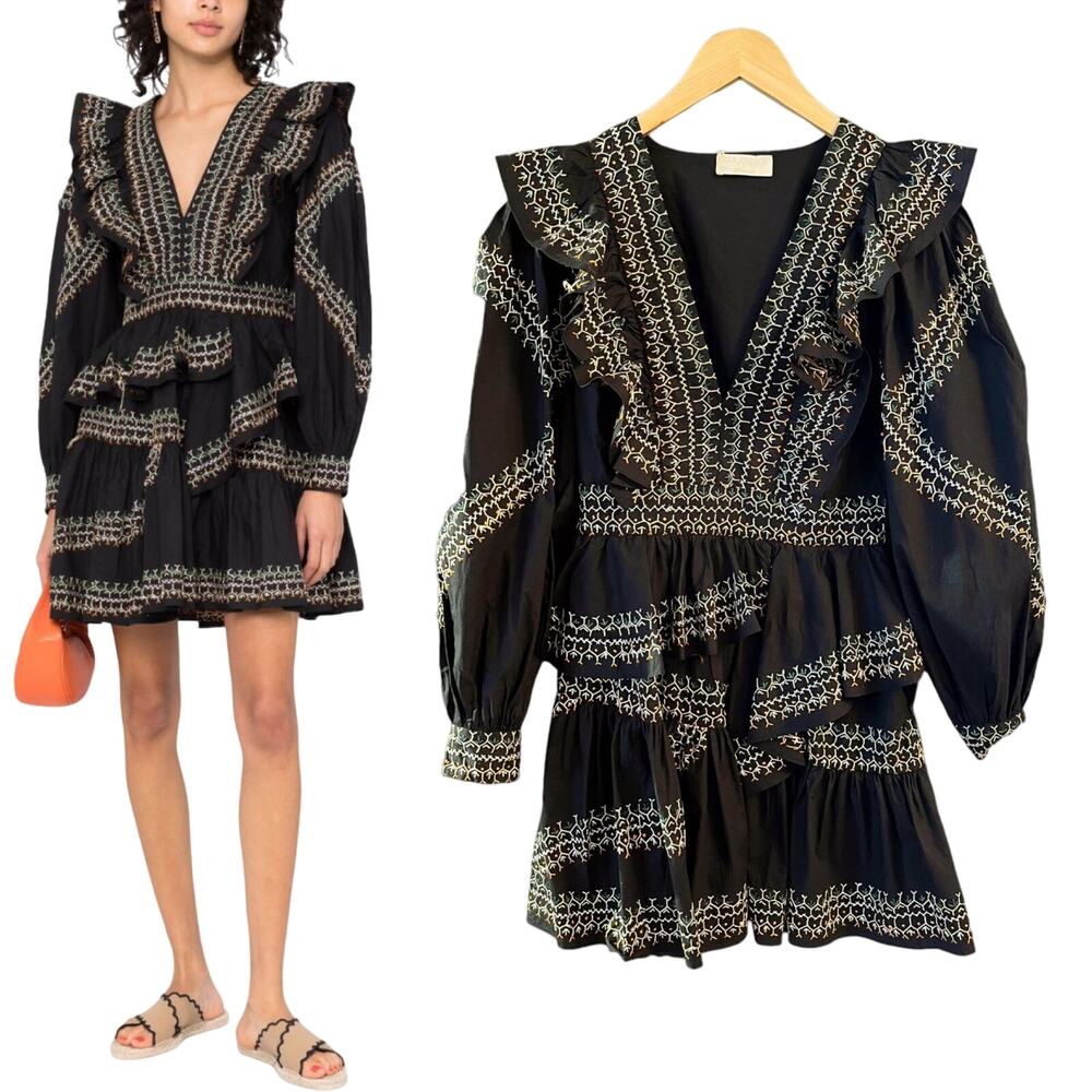 ULLA JOHNSON Anais Mini Dress Ruffle Embroidered V-Neck Black Noir Cotton 2 NWT